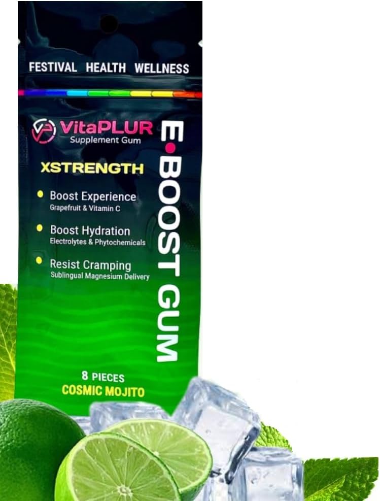 VitaPLUR E-Boost Gum, 10 Packs, Rave Supplement, Festival Wellness, Magnesium, Rave Vitamins, Rave Gear, Antioxidants & Electrolytes, 5-HTP Free, Cosmic Mojito