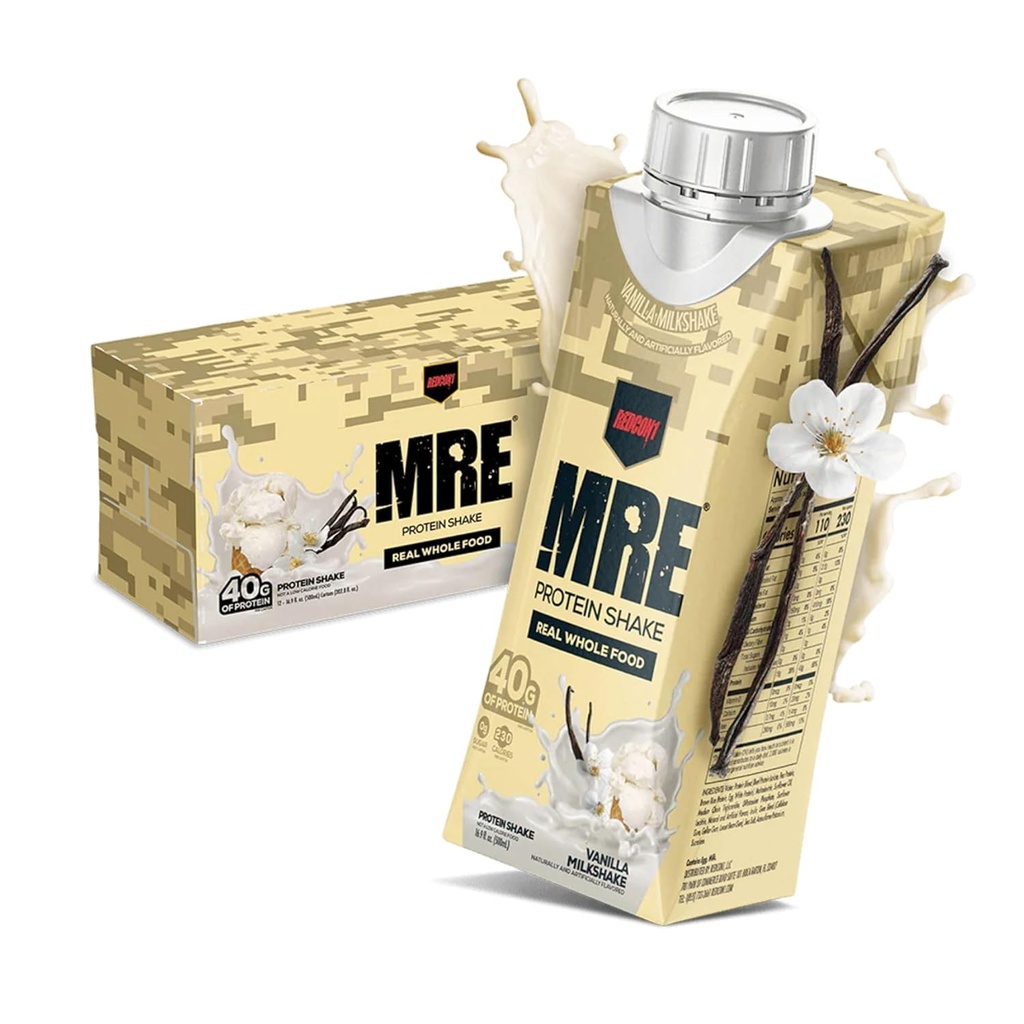 REDCON1 MRE Ready to Drink Protein Shakes, Vanilla Milkshake - Protein Drinks with Whole Food Sources - Sugar Free RTD Shake Formulated to Fuel Athletes at Any Time (12 Pack)