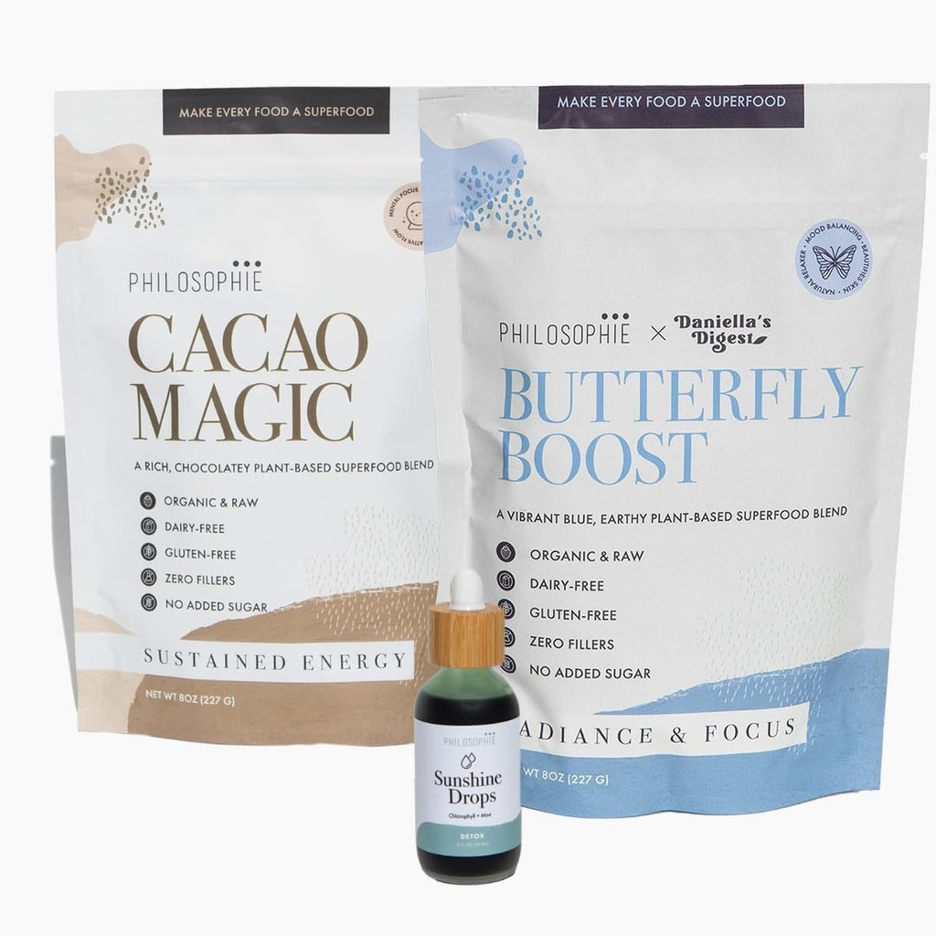 Philosophie Sunshine Drops, Cacao Magic & Butterfly Boost Bundle - Liquid Chlorophyll & Superfood Powder Blends - All Natural Plant-Based 3pack