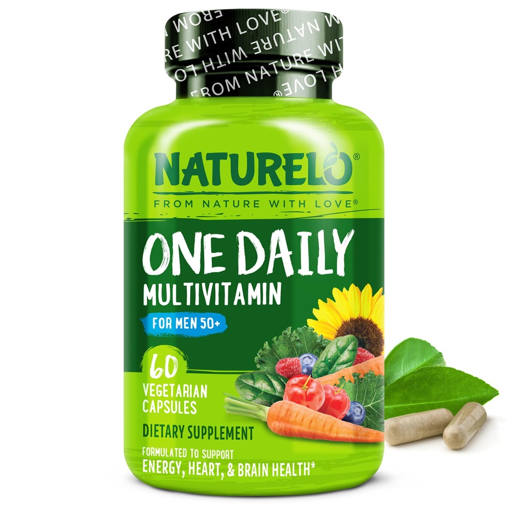 NATURELO Mens Multivitamins for Men 50+ - One Daily Multivitamin for Men with Vitamins, Minerals & Organic Whole Foods, Boost Energy & Health, Non-GMO, 60 Vegetarian Capsules