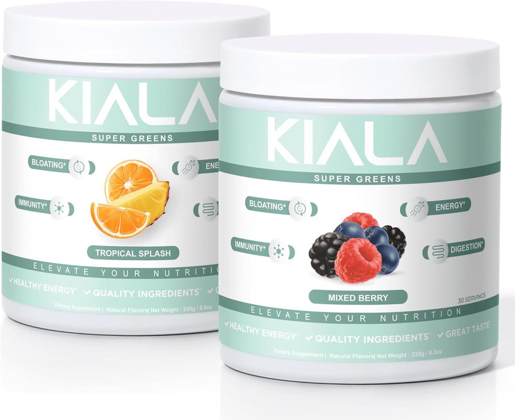 Kiala Nutrition Super Greens, Organic Greens Powder with Spirulina & Chlorella for Digestion, Gut Health, Immunity & Energy, Gluten Free, Vegan, Tropical Splash + Mixed Berry, 30 Servings Each