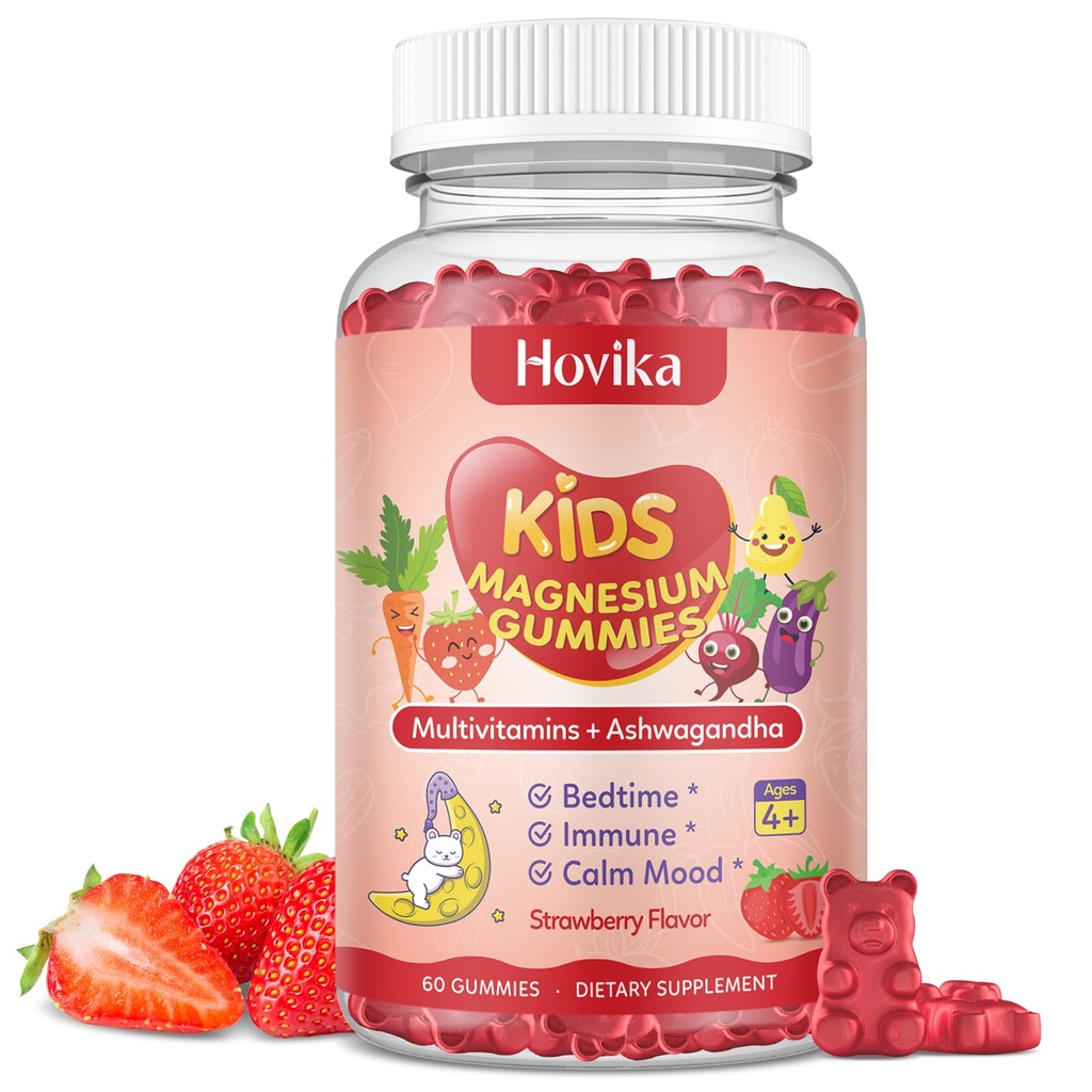 Magnesium Glycinate Gummies for Kids - Magnesium Supplement with L-Theanine, Chamomile & Multivitamins for Kids & Adults Sleep, Calm, Relaxation, Sugar Free Strawberry Flavor 60 Gummies