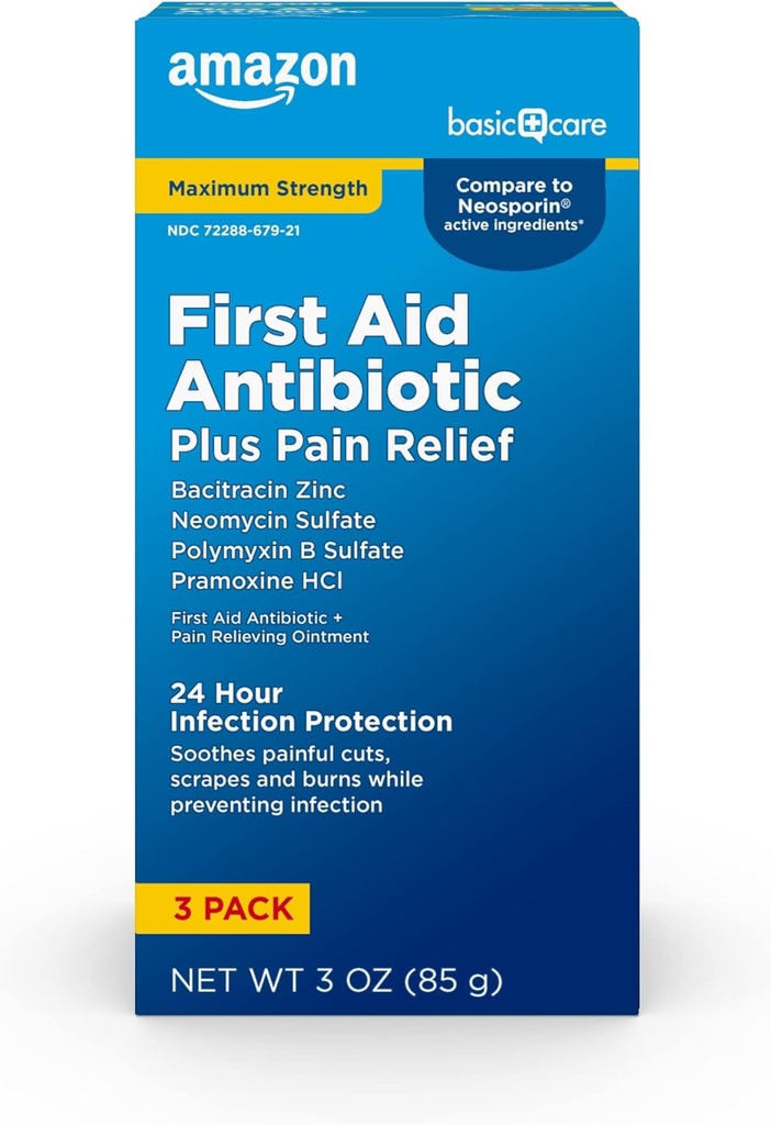 Amazon Basic Care Maximum Strength First Aid Triple Antibiotic Ointment, Pain Relief For Minor Cuts, Scrapes and Burns, 3 ounce (Pack of 1)