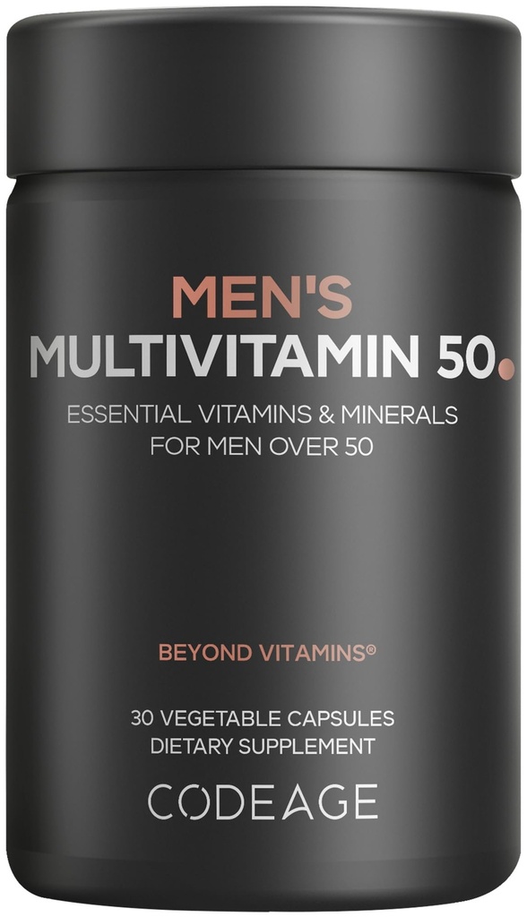 Codeage Men's Multivitamin 50 - Essential Vitamins & Minerals for Men Over 50 - Daily Multivitamins for Men Supplement - Vitamin A, C, D3, E, B6, B1, CoQ10, Probiotics, Lutein - Non-GMO - 30 Capsules