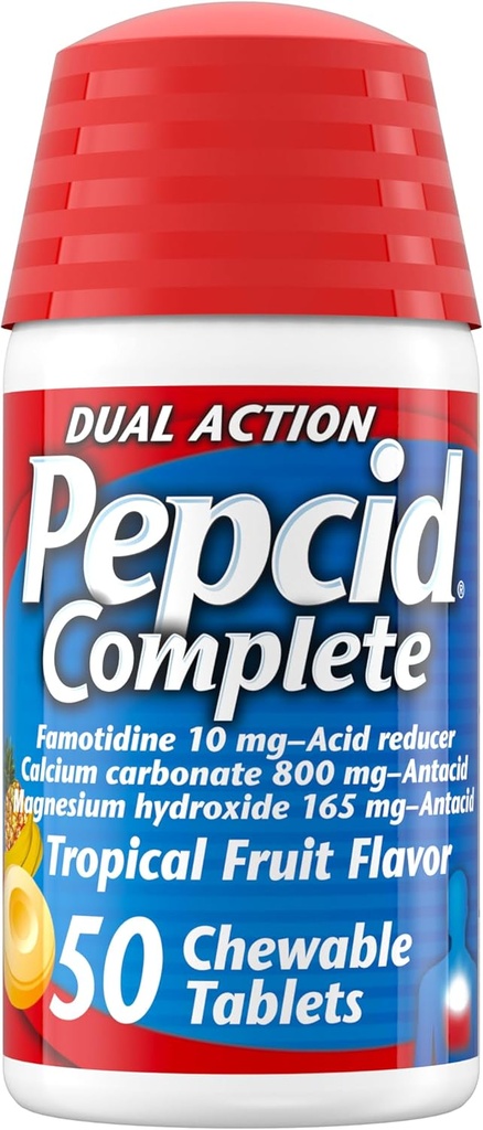 Pepcid Complete Acid Reducer + Antacid Chewables, 10mg Famotidine, 800mg Calcium Car-bonate & 165mg Magnesium Hydroxide per Heartburn Medicine Tablet, Antacid Chews, Tropical Fruit, 50 ct