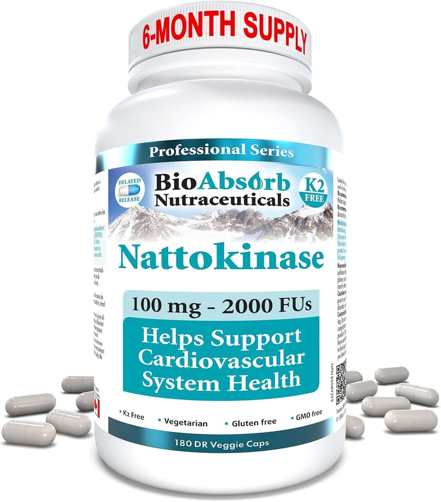 Bio Absorb Nattokinase Supplement. 100 mg, 2000 FUs. 6-Month Supply. Non-GMO Natto Extract Enzyme (180 Veggie Caps)
