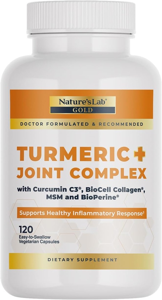 Nature's Lab Gold Turmeric Joint Complex - BioCell Collagen, Hyaluronic Acid, C3 Curcumin, MSM - 120 Capsules