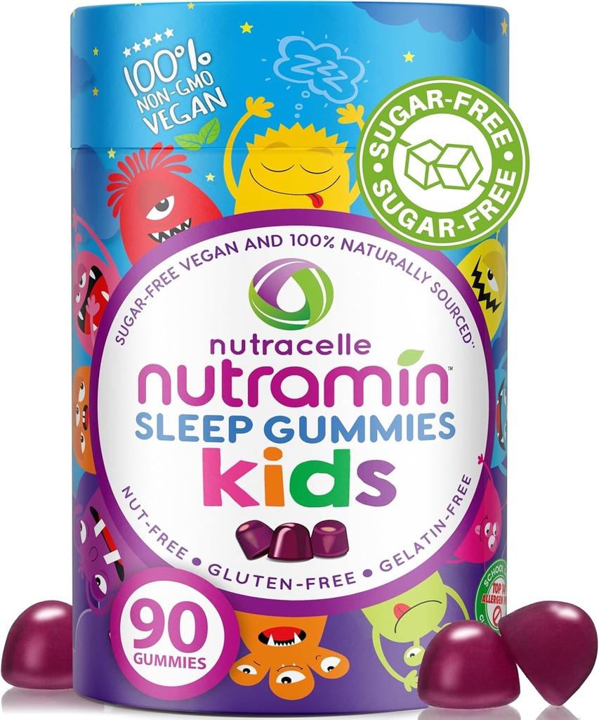 NUTRAMIN Kids Sleep Gummy - Sugar-Free & Vegan - 100% Natural Sleeping Aid with Melatonin Sleep Gummies for Kids - Hypoallergenic, Halal, Kosher, Non GMO - Dark Cherry - 90 Count