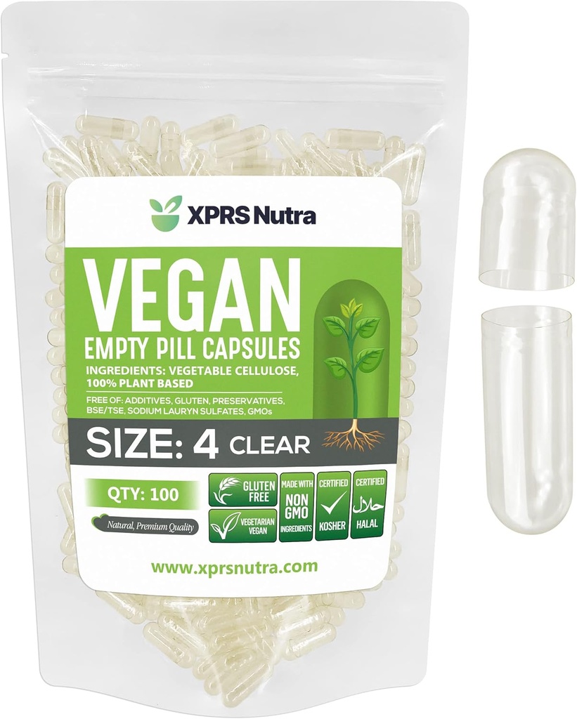 XPRS Nutra Size 4 Empty Capsules - 100 Count Small Clear Empty Vegan Capsules- Vegetarian Pills - DIY Vegetable Capsule Filling - Fillable Do-It-Yourself Caps for Supplements