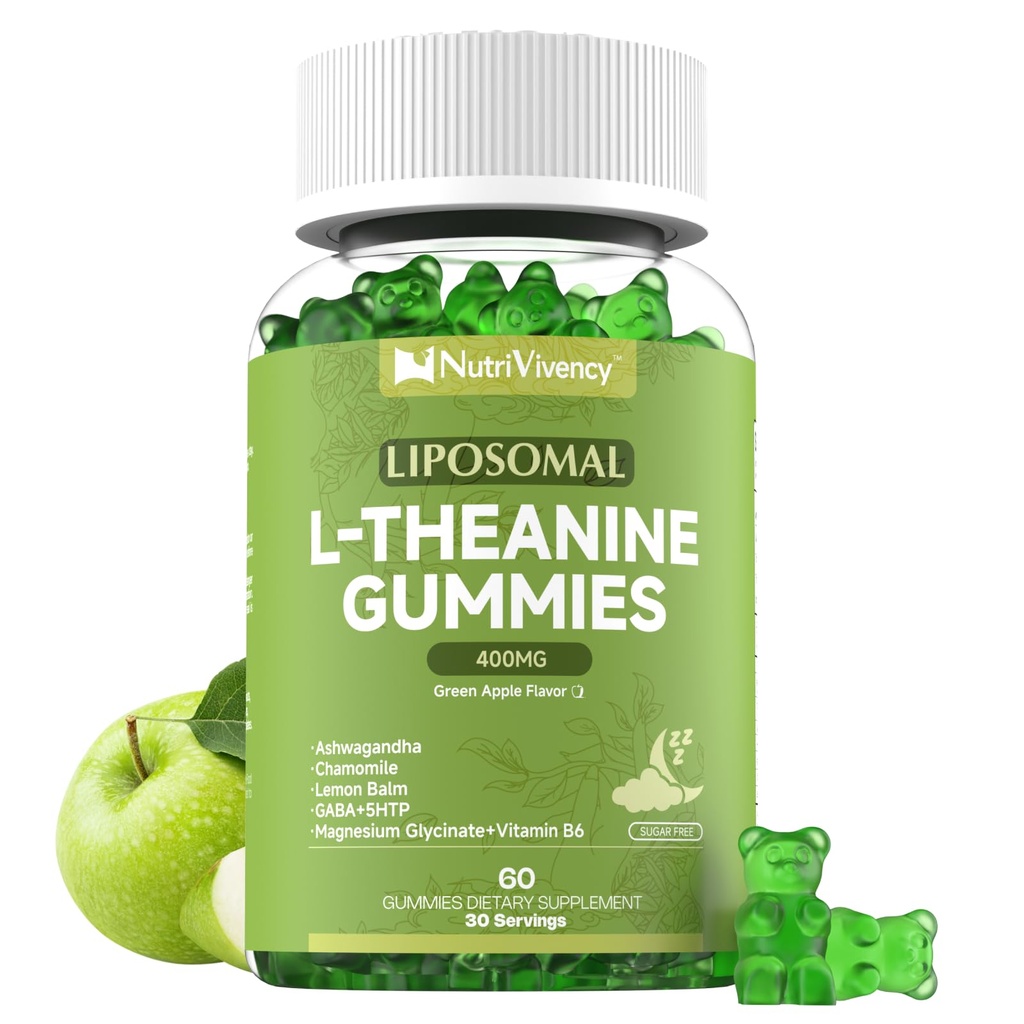 Liposomal L-Theanine Gummies, Sugar Free L Theanine 400mg Gummies Supplement for Adults & Kids, l'theanine Chewable for Relax & Improved Focus, Enhanced Absorption, Vegan, Green Apple Flavor, 60 Count