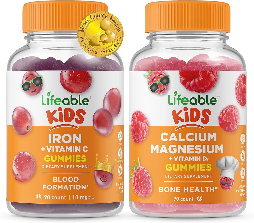 Lifeable Iron & Vitamin C Kids + Calcium Magnesium Kids, Gummies Bundle - Great Tasting, Vitamin Supplement, Gluten Free, GMO Free, Chewable Gummy