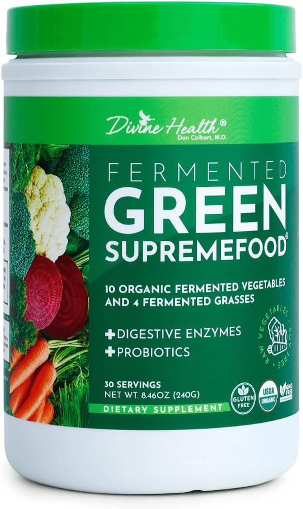 Divine Health Fermented Green Supremefood | 14 USDA Organic & Fermented Vegetables and Grasses | Probiotics | Enzymes | Apple Cinnamon Flavor | 30 Servings | 240g