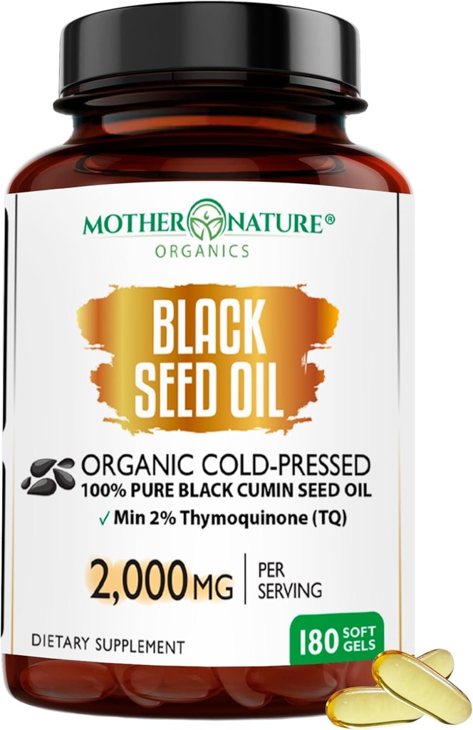 Mother Nature - Organic Black Seed Oil Capsules, 3 Month Supply, Cold Pressed, High TQ, 100% Turkish, Black Cumin Nigella Sativa Oil for Immune Support, Joint, Digestive Health,1000mg Capsule, 180ct
