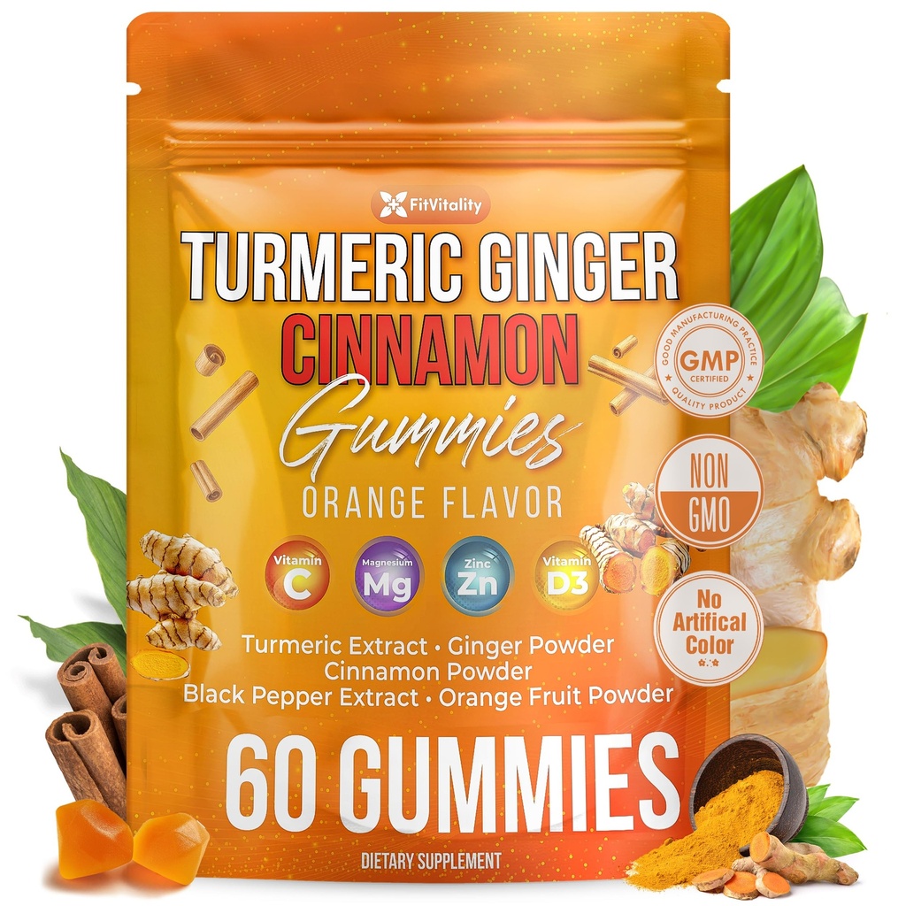 Premium 60 Turmeric Ginger Cinnamon Gummies – with Vitamin E, B12, Magnesium, Black Pepper Extract & Vitamin D3 – Orange Fruit Flavor - Vegan Gummies
