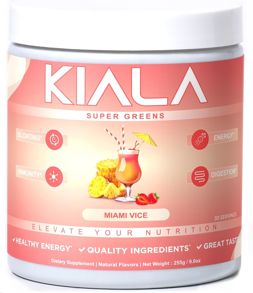 Kiala Nutrition Super Greens, Organic Greens Powder with Spirulina & Chlorella for Digestion, Gut Health, Immunity, Energy, Gluten Free, Vegan, Sugar Free, Spectra Blend, Miami Vice Flavor 30 Servings