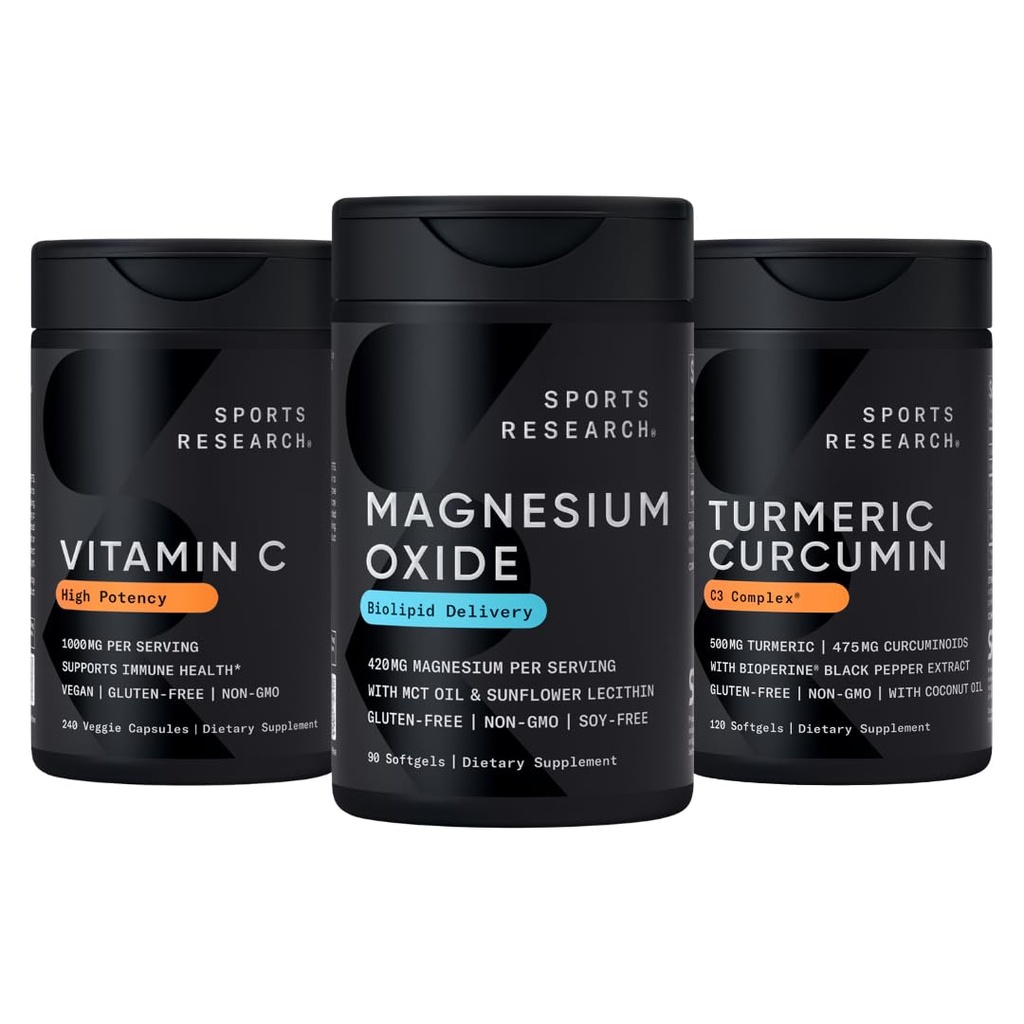 Sports Research® Multivitamins Pack - High Potency Vitamin C Supplement 1000mg + Magnesium Oxide 420mg + Turmeric Curcumin C3 Complex w/BioPerine Black Pepper Extract