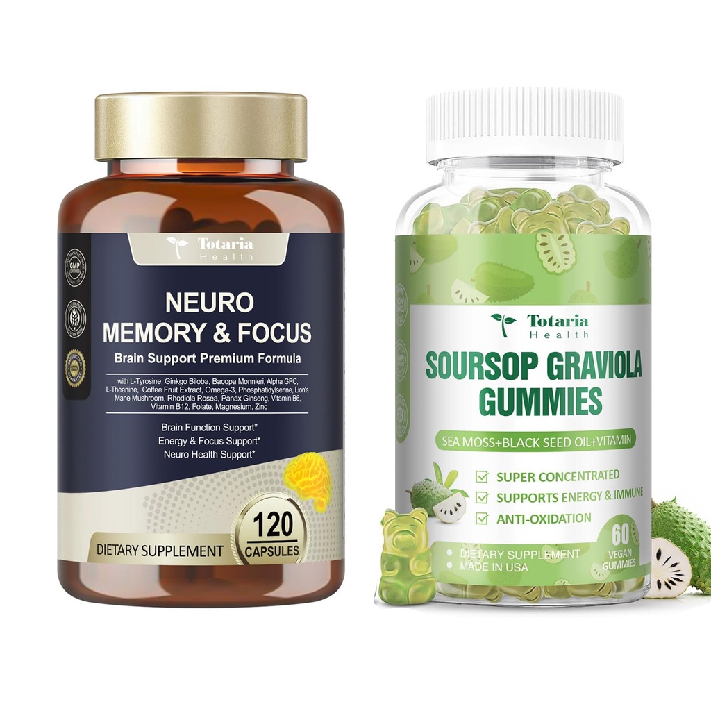 Totaria Brain Supplements for Memory and Focus + Soursop Oil Graviola Sea Moss Gummies