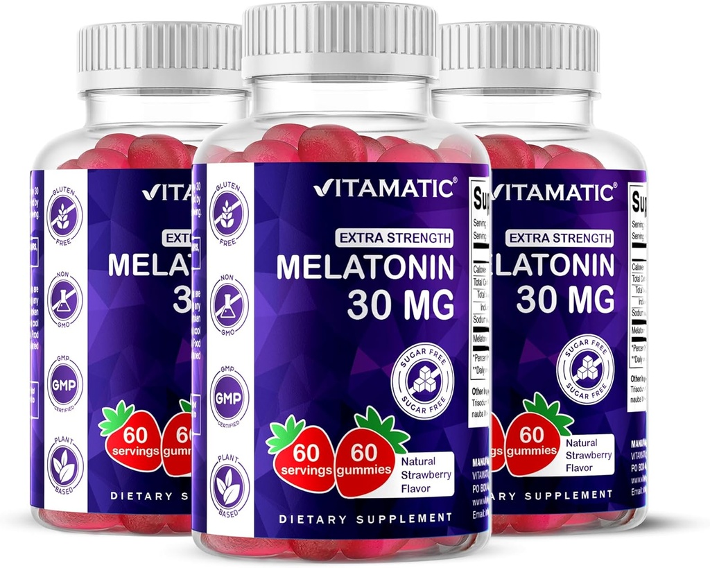 Vitamatic Sugar Free Melatonin 30mg per Gummy - 60 Servings - 60 Vegetarian Gummies - Non-Habit Forming Supplement (60 Count (Pack of 3))