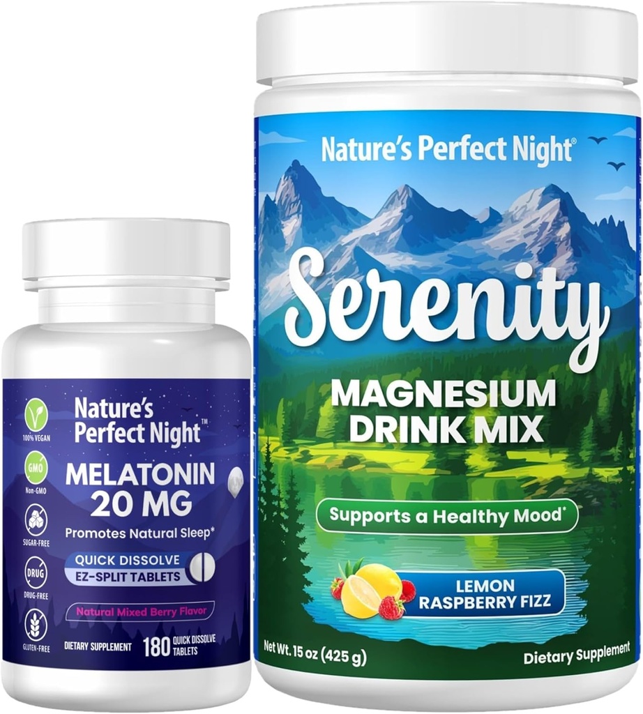 Nature's Perfect Night Melatonin 20mg Quick Dissolve Mixed Berry 180 Count with Serenity Magnesium Powder 15 oz Lemon Raspberry