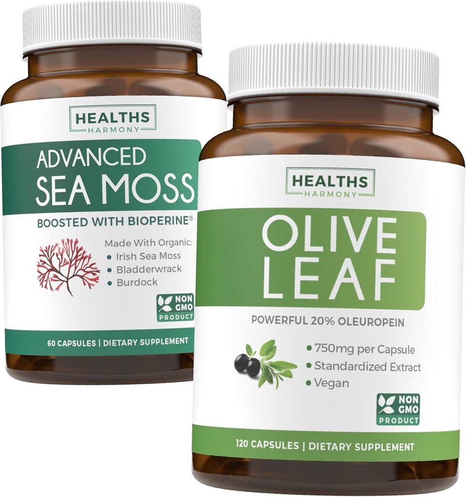 Sea Moss & Olive Leaf Extract (1-Month Supply) Olive Moss Blend - Organic Irish Sea Moss - Raw Vegan Supplement (60 Caps) & Olive Leaf Extract Super Strength: 20% Oleuropein - Vegetarian (120 Caps)