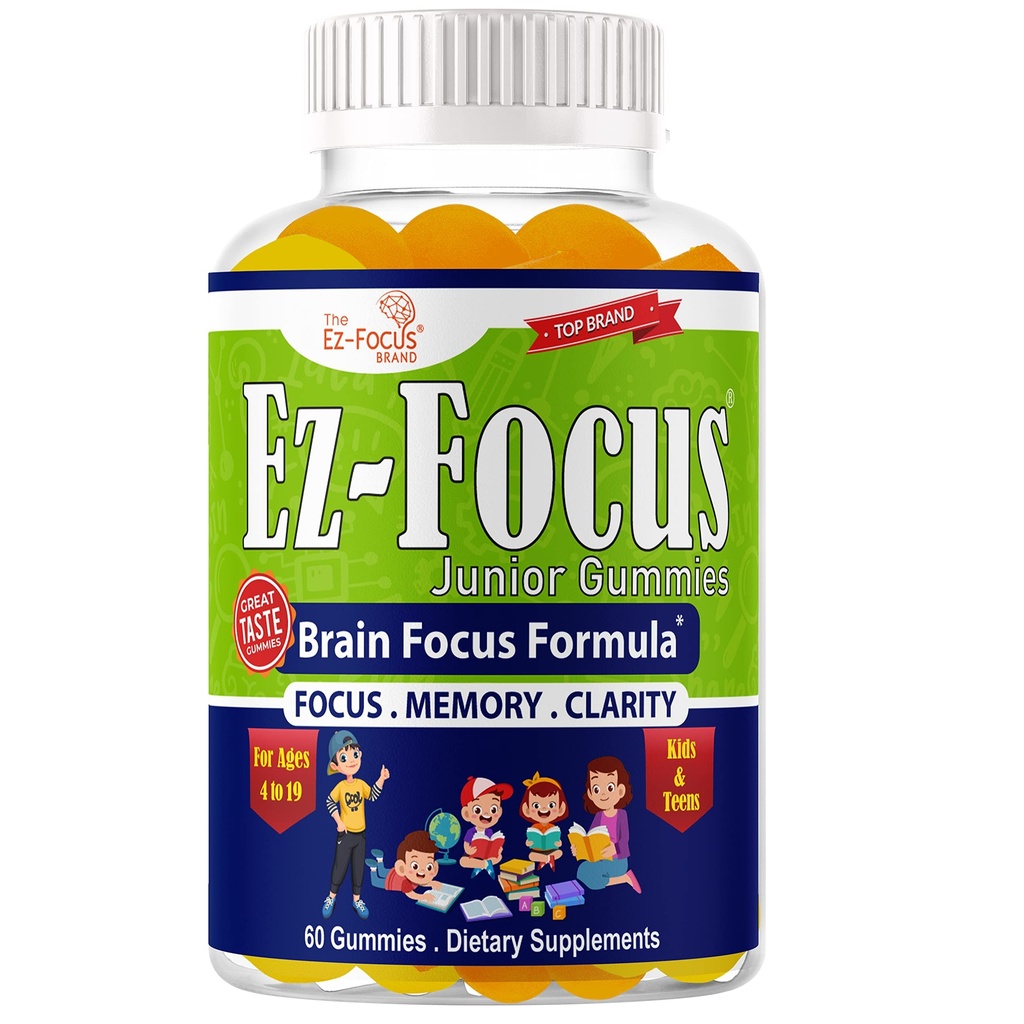 Junior Brain Vitamins & Memory Supplements for Kids & Teens, Focus Supplements, Support Memory, Attention, Focus & Clarity, Tasty 60 Chewable Gummies