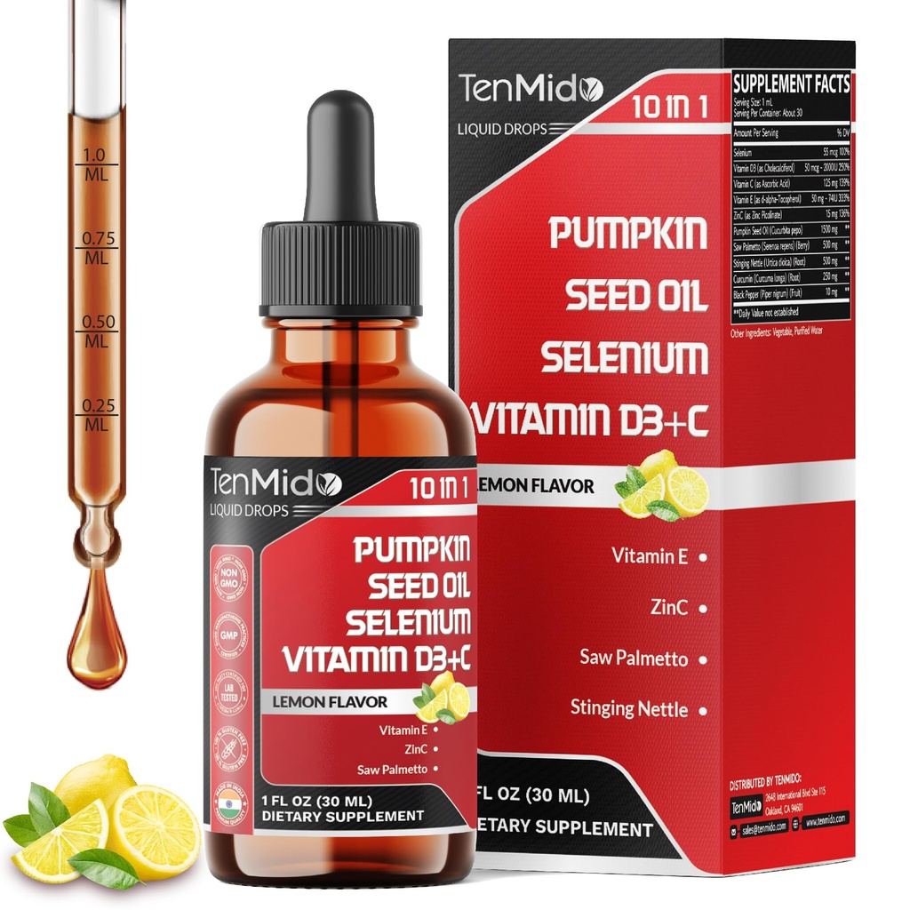 Pumpkin Seed Oil with Saw Palmetto Supplements - 10in1 Liquid Drops Blended Selenium, Vitamin D3, Vitamin C, Vitamin E, Zinc, Stinging Nettle, Curcumin, and Black Pepper - 30ml 1 Fl Oz