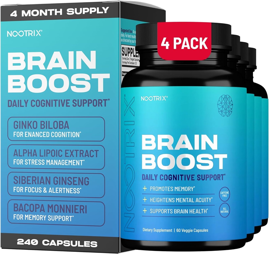 Brain Boost Nootropic Supplement | Supports Memory, Mental Focus, Cognitive Health & Energy | Caffeine-Free, Promotes Healthy Mood & Brain Function w/Gingko Biloba & DMAE | 240 Capsules
