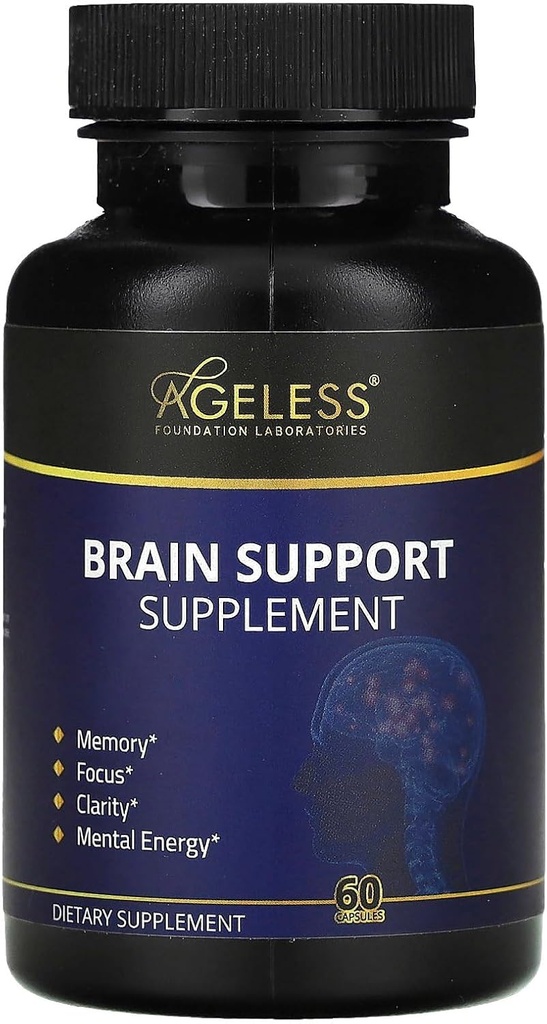 Ageless Brain Supplements for Memory and Focus & Cognitive Improvement | Nootropic Brain Supplement for Men & Women | Support Mental Clarity & Neuro Health | Including Vitamin B6, B12, 60 Capsules