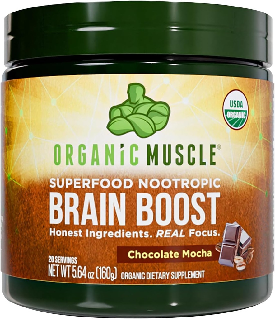 Organic Muscle Brain Boost Nootropics Blend - Vegan & Organic Superfood Health Supplements for Focus, Memory & Productivity with Ashwagandha, Ginkgo & Ginseng - Chocolate Flavor, 20 Servings