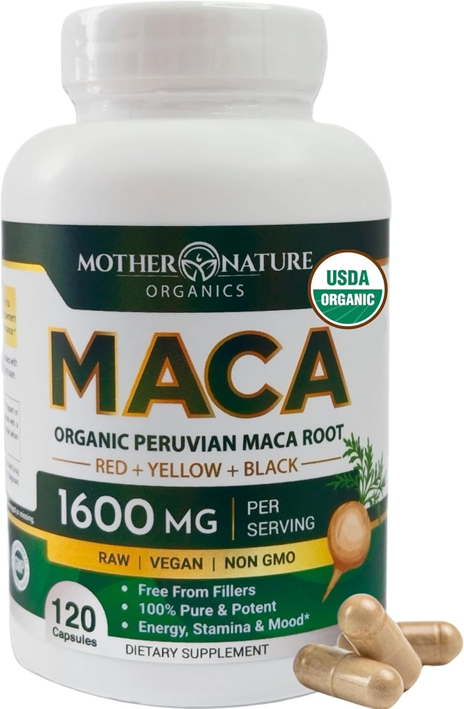 Mother Nature Organic Maca Root Capsules – 1600mg, 120 Vegan Capsules – Non GMO Peruvian Yellow, Red & Black Maca for Men & Women - Energy, Hormone, Brain & Weight Well-Being