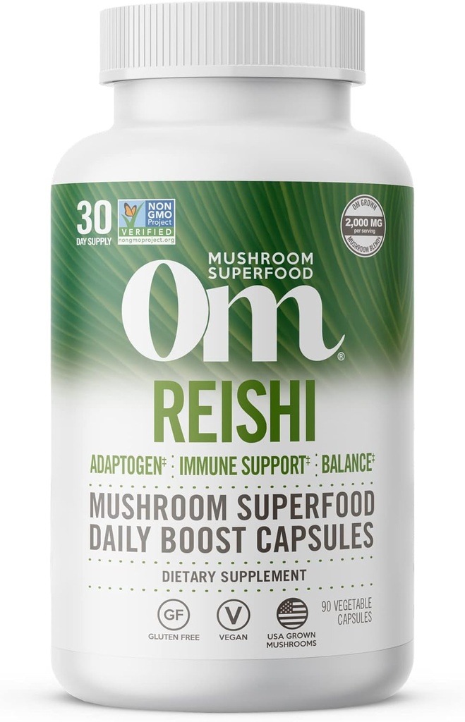 OM MUSHROOM SUPERFOOD Reishi Mushroom Capsules Superfood Supplement, 90 Count, 30 Days, Organic Adaptogen for Stress Relief and Immune Health