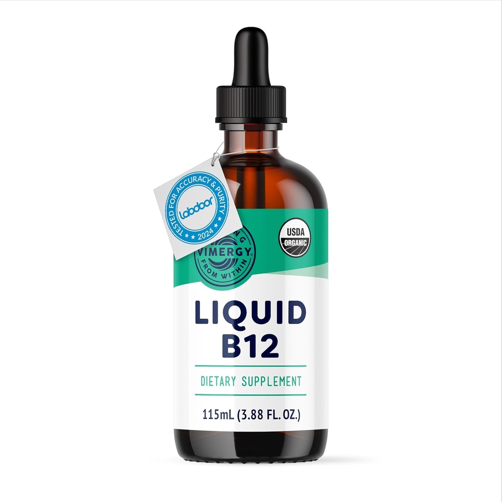Vimergy Organic Liquid Vitamin B12 Supplement 2500 mcg, Methylcobalamin & Adenosylcobalamin Fast-Absorbing Energy Support USDA Organic, Vegan, Non-GMO B12 Vitamins for Women & Men 115 Serving (115 mL)