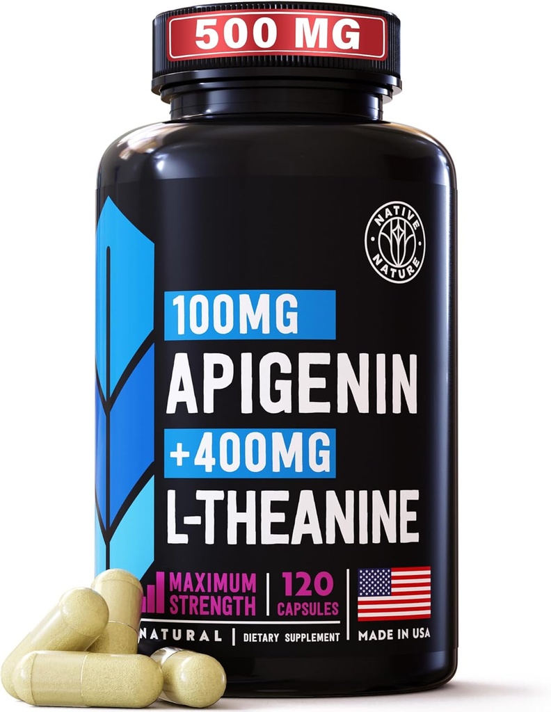 Apigenin with L Theanine supplement - 500mg - Apigenin Supplement for Sleep, Relaxation & Mood - Powerful Bioflavonoid & Antioxidants Found in Chamomile Tea - 120 Vegan caps. NON- GMO. Made in USA