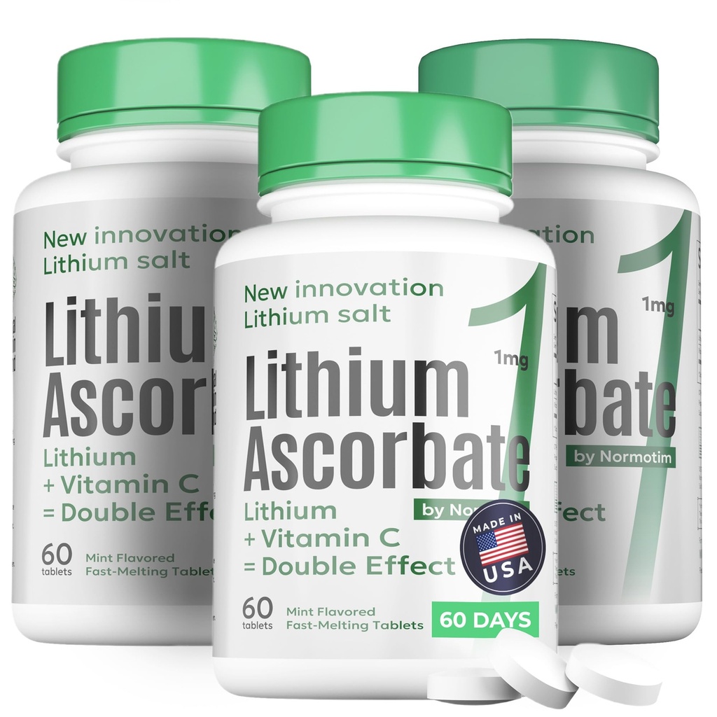 Lithium Ascorbate 1 mg with Vitamin C - 60 Tablets – Brain Supplements for Memory and Focus, Mood and Stress Relief Supplement, Lithium Orotate (180 Tablets)