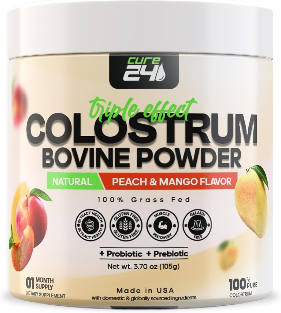 Bovine X3 Colostrum Supplement Powder for Humans, 100% Pure Whole Natural Grass Fed Superfood, High IgG, Plus Probiotic & Prebiotic, Natural Peach-Mango Flavor, Made in USA