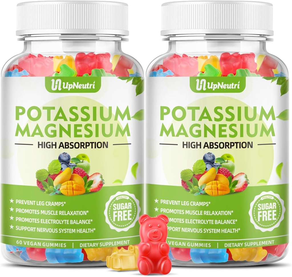 Potassium Magnesium Gummies for Adults Kids, Sugar-Free Potassium Gummies Supports Leg Cramps & Muscle & Immune Health, High Absorption Vegan Magnesium Supplement Gummies 5 Fruit Flavor 120 Cts