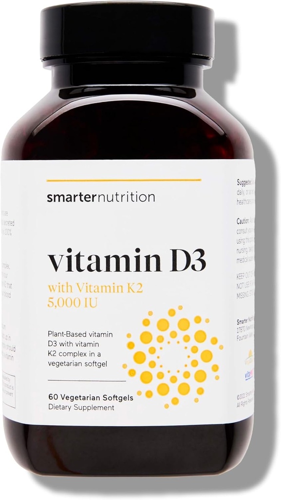 SMARTERNUTRITION Vegan Vitamin D3 5000 IU + Natural Vitamin K2 1100 mcg in Organic Coconut & Olive Oil - D3 K2 Supplement for Immune & Bone Support - 60 Softgels[30 Day Supply]
