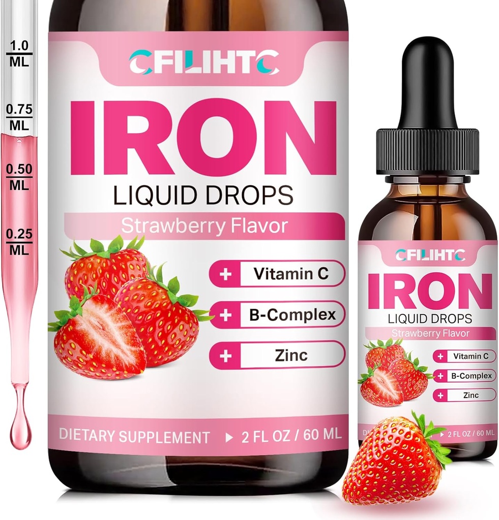 Liquid Iron Supplement for Women Men & Kids Multivitamin Iron Drops with Folate, Vitamin C, B6, B12, Zinc for Anemia, Iron Deficiency, Blood Builder, Energy - Natural Strawberry Flavor, Vegan 2 Fl Oz