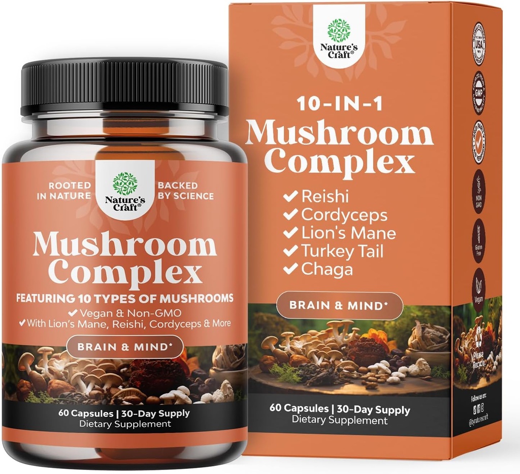 Advanced Mushroom Complex Capsules - 10X Lions Mane Supplement Capsules with Reishi, Chaga, Maitake & Shiitake for Brain Health Memory Support & Focus - Nootropic for Mental Clarity - 60 Caps
