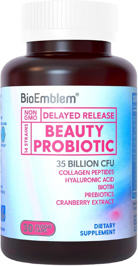 BioEmblem Beauty Probiotics for Women, 35 Billion CFU 14 Strains with Biotin, Collagen, Prebiotics for Digestive Health, Hair Skin and Nails, Vaginal Probiotics Supplement, Shelf Stable, 30 Caps