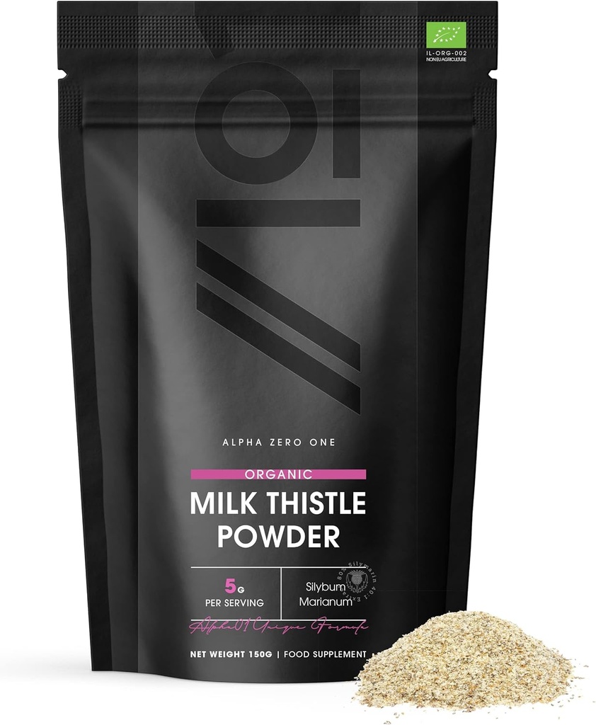 ALPHA01 Organic Milk Thistle Powder 150g - Source of Cleansing Silymarin - Made from Cold-Pressed Milk Thistle - Vegan, Raw, Non-GMO.