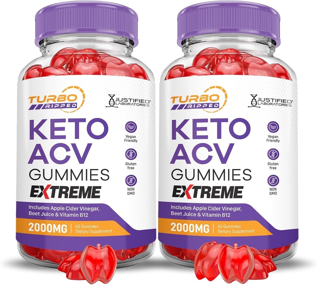 Justified Laboratories (2 Pack Turbo Ripped Keto ACV Gummies Extreme 2000MG Turbo Ripped Keto Gummies Apple Cider Vinegar Formulated with Pomegranate Beet Juice Powder B12 Vegan Non GMO 120 Gummys
