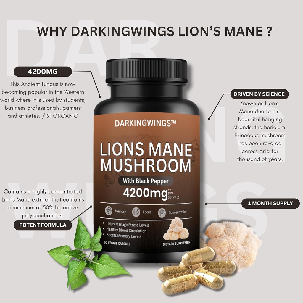 Lions Mane Mushroom Cognition 4200mg Organic Lions Mane Mushroom Powder Extract Capsules | Brain Supplement, Brain Vitamins, Focus Supplement | Immune Health Support Active Fruiting Body