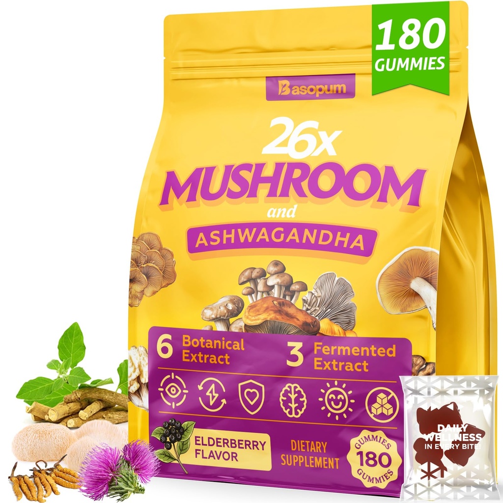 Mushroom Gummies 4000mg, Brain Supplements for Memory and Focus, 26x Mushroom Supplement with Ashwagandha & Lion's Mane, Milk Thistle, Green Tea - Focus, Clarity, Immunity, Liver | 180 Count