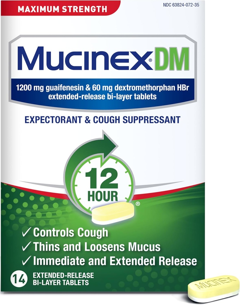 Cough Suppressant and Expectorant, Mucinex DM Maximum Strength 12 Hour Tablets, 14ct, 1200 mg Guaifenesin, Relieves Chest Congestion, Quiets Wet and Dry Cough, #1 Doctor Recommended OTC expectorant