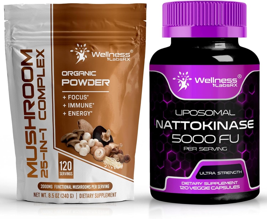 Mushroom Powder 2000mg - Nattokinase Supplement Capsules - 5000 FU