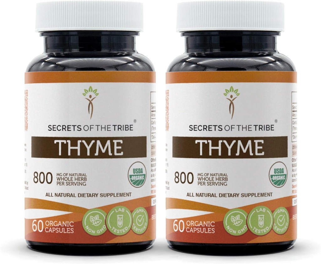 Secrets of the Tribe Thyme 2x60 Capsules, Made with Vegetable Capsules and USDA Organic Thymus Vulgaris Toni Effect (2x60 Capsules)