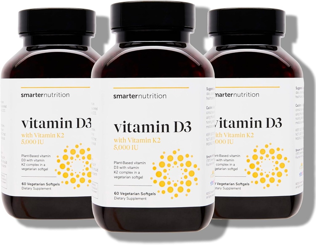 SMARTERNUTRITION Vegan Vitamin D3 5000 IU + Natural Vitamin K2 1100 mcg in Organic Coconut & Olive Oil - D3 K2 Supplement for Immune & Bone Support - 180 Softgels[90 Day Supply]