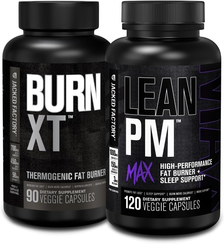 Jacked Factory Burn XT Thermogenic Fat Burner - Appetite Suppressant & Nootropic Energy Booster (90 Capsules) & Lean PM Max High-Performance Weight Loss, Sleep Support | (120 Capsules)