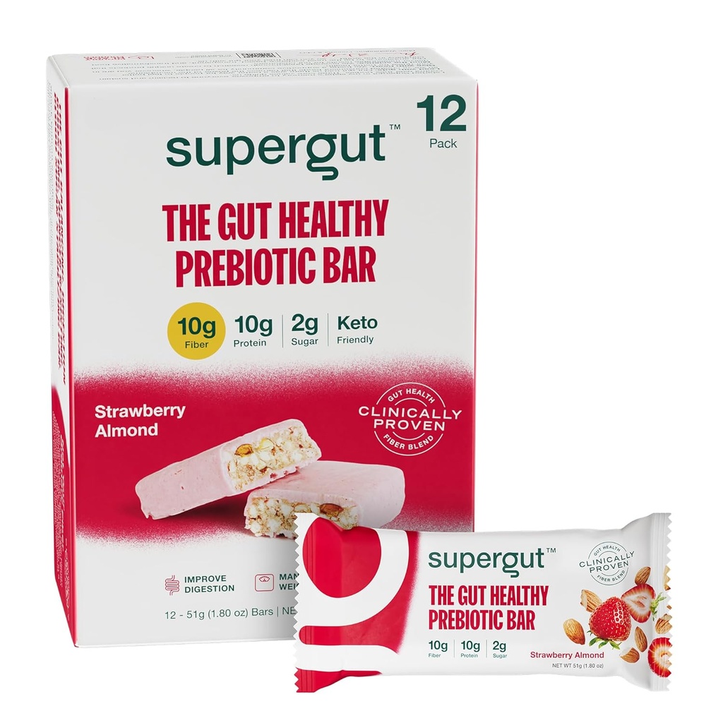 Supergut GLP-1 Boosting Prebiotic Bars, Strawberry Almond - Gut Healthy Protein Snacks & Breakfast Bars - Keto-Friendly Meal Replacement Energy Bars for Gut Health (12 Count)